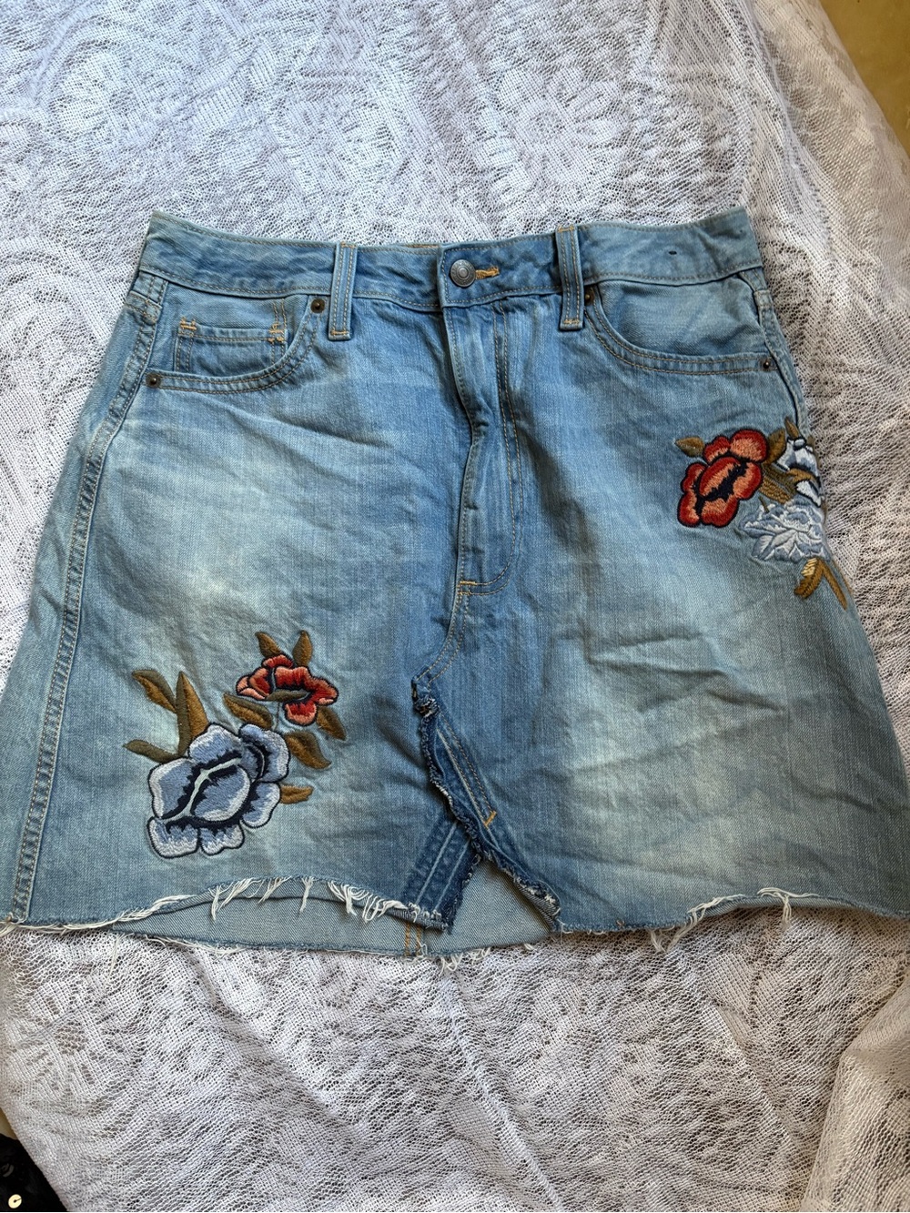 Abercrombie & Fitch Light Blue Denim Mini Skirt with Floral Embroidery